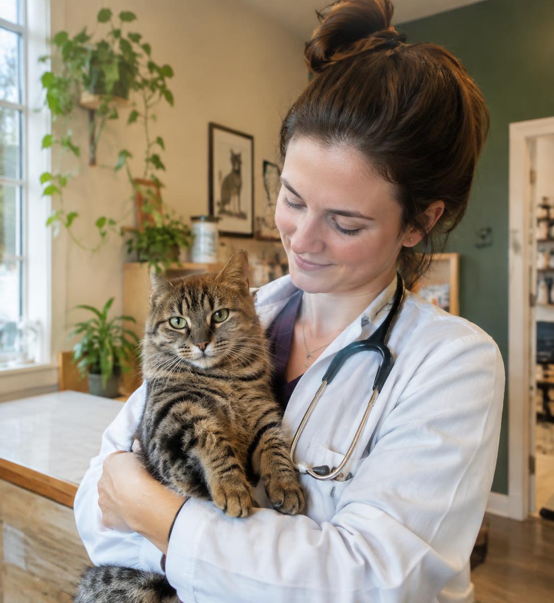 Veterinária com gato no colo