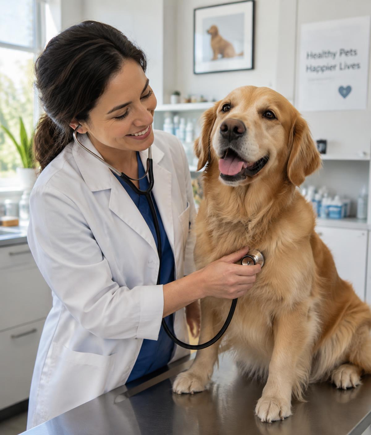 Veterinária examinando um cão
